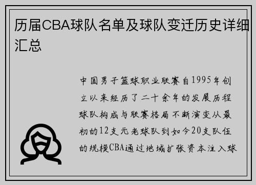 历届CBA球队名单及球队变迁历史详细汇总