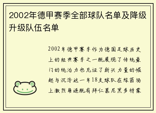 2002年德甲赛季全部球队名单及降级升级队伍名单